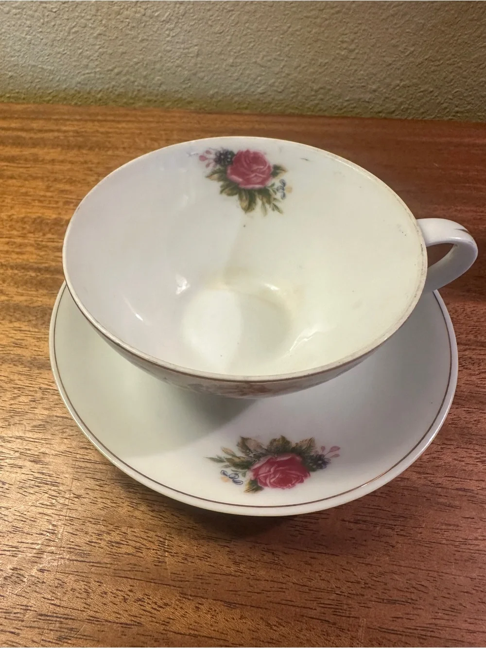 Vintage White Teacup and Saucer with Pink Rose Motif